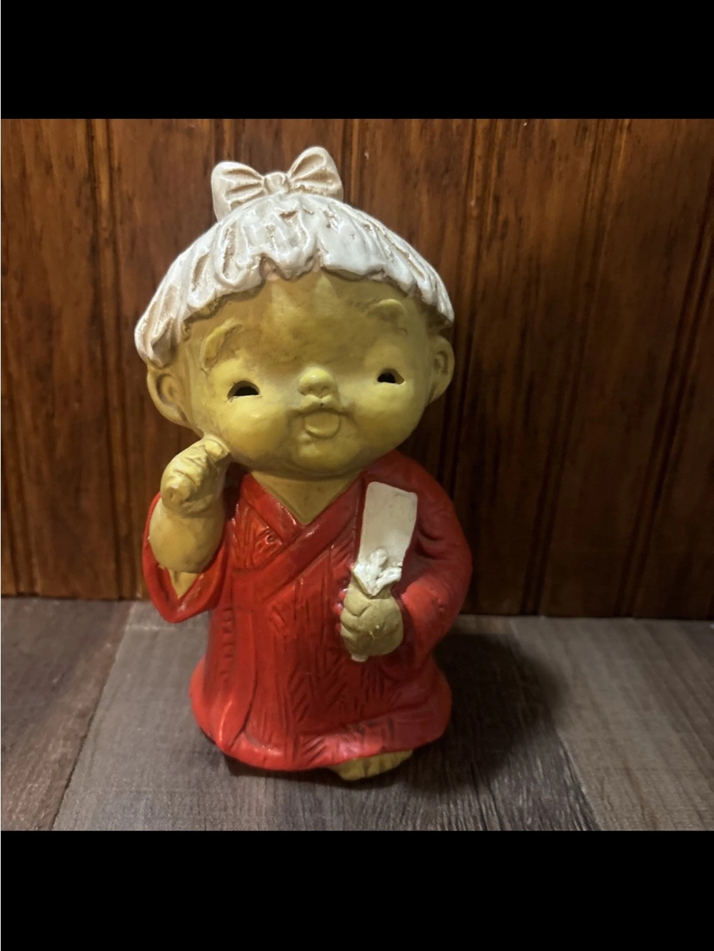 1960s Japanese Folk Art Pottery Hollow Open Eyes Little Girl Figure